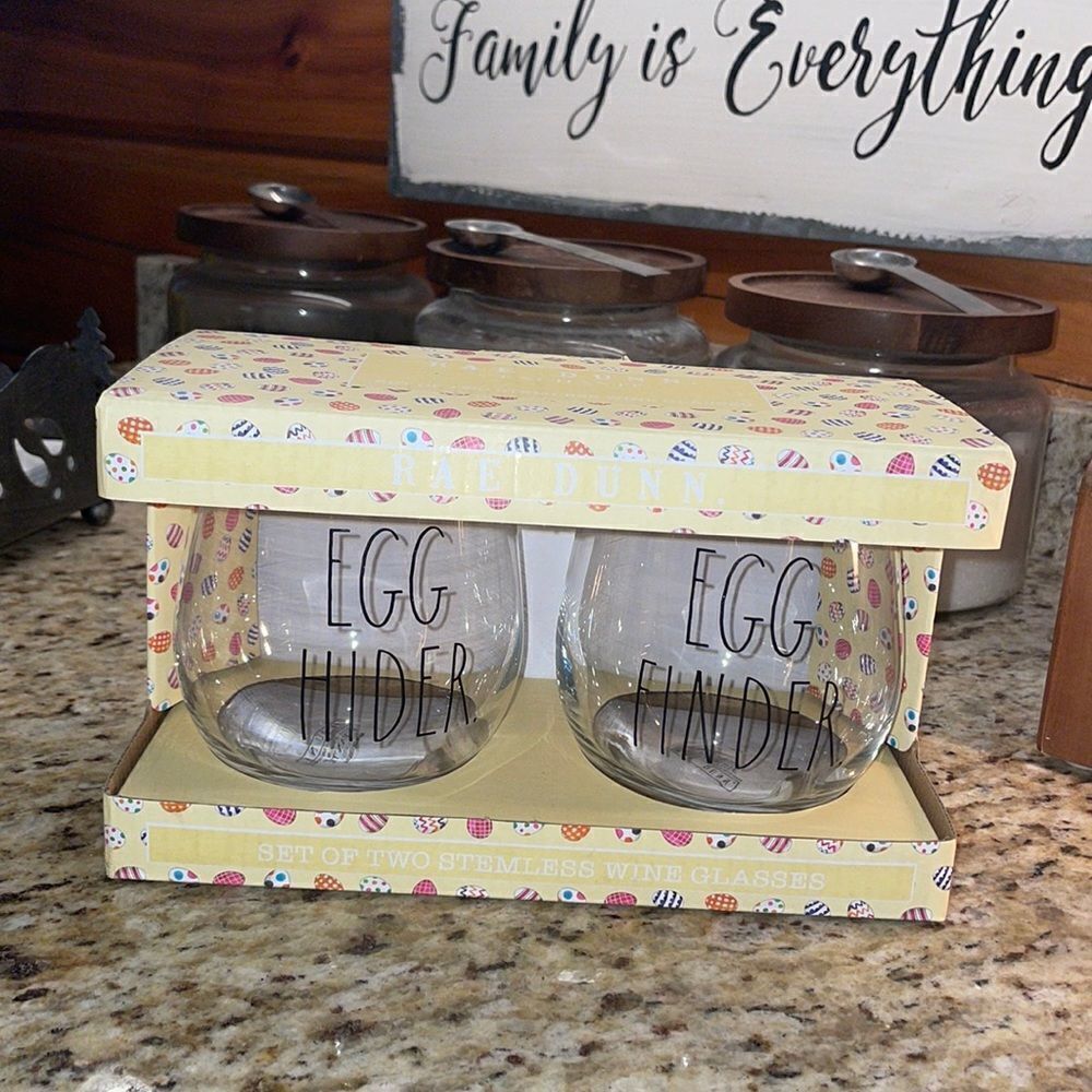 NWT Rae Dunn set of stemless wine glasses “Egg Hider” and “Egg Finder”